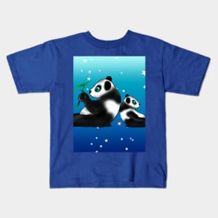 Two pandas eating bamboo on a blue background with stars Kids T-Shirt